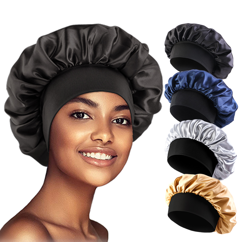 Satin Hair Bonnet - Женские атласные однотонные шапочки с широкими